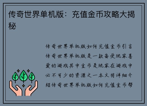 传奇世界单机版：充值金币攻略大揭秘